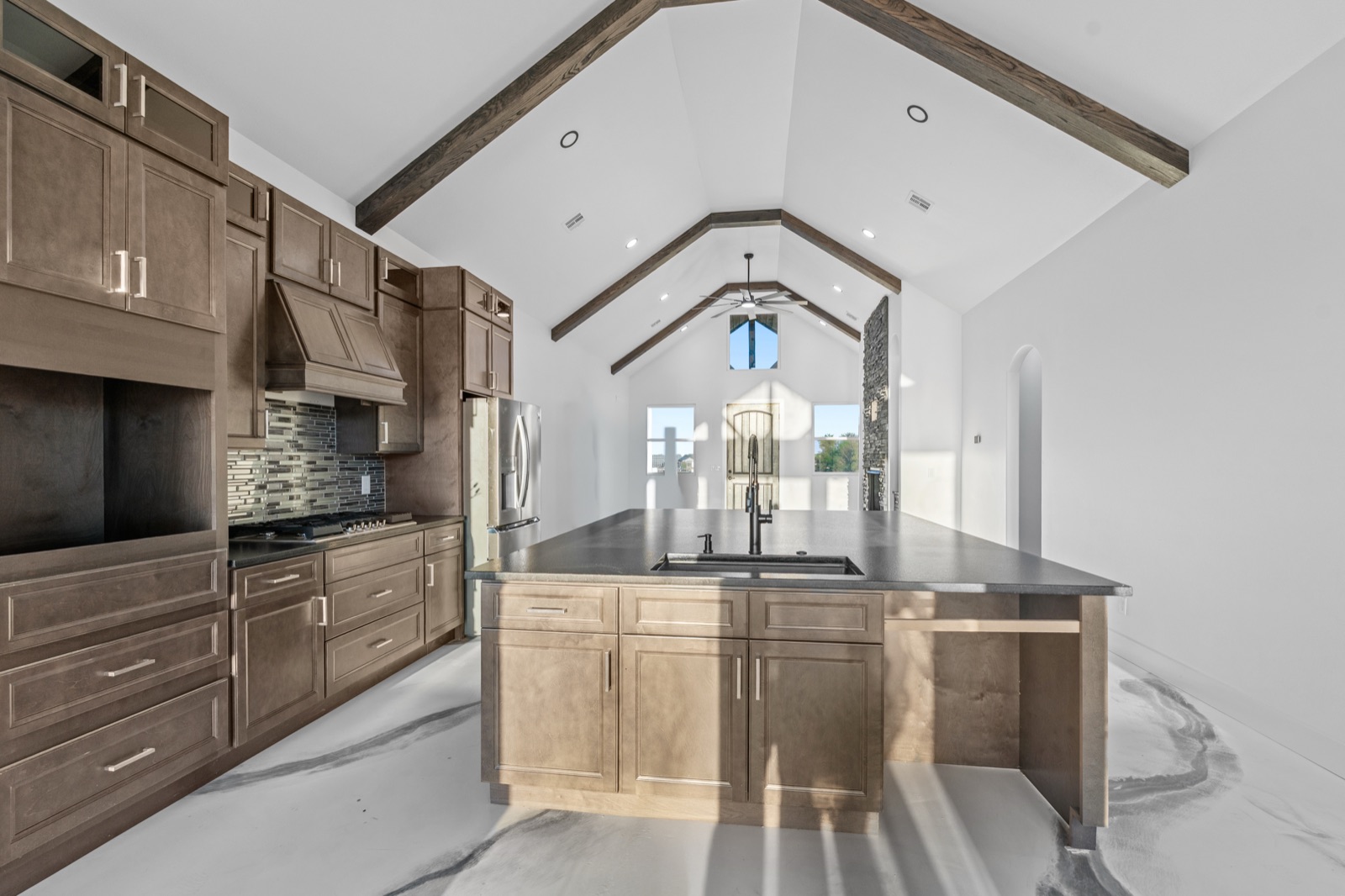 Custom kitchen with waterfall island